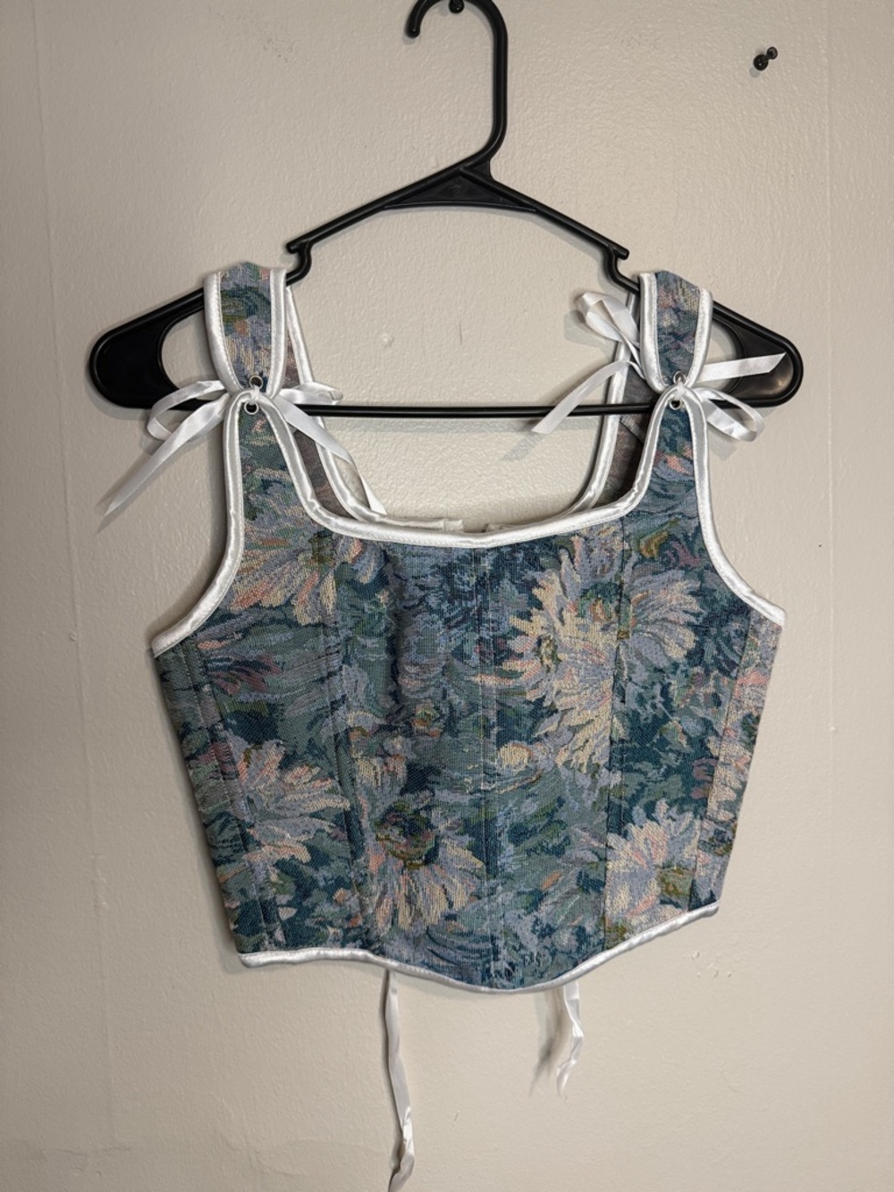 Floral Tie-Shoulder Corset Crop Top in Teal Blue